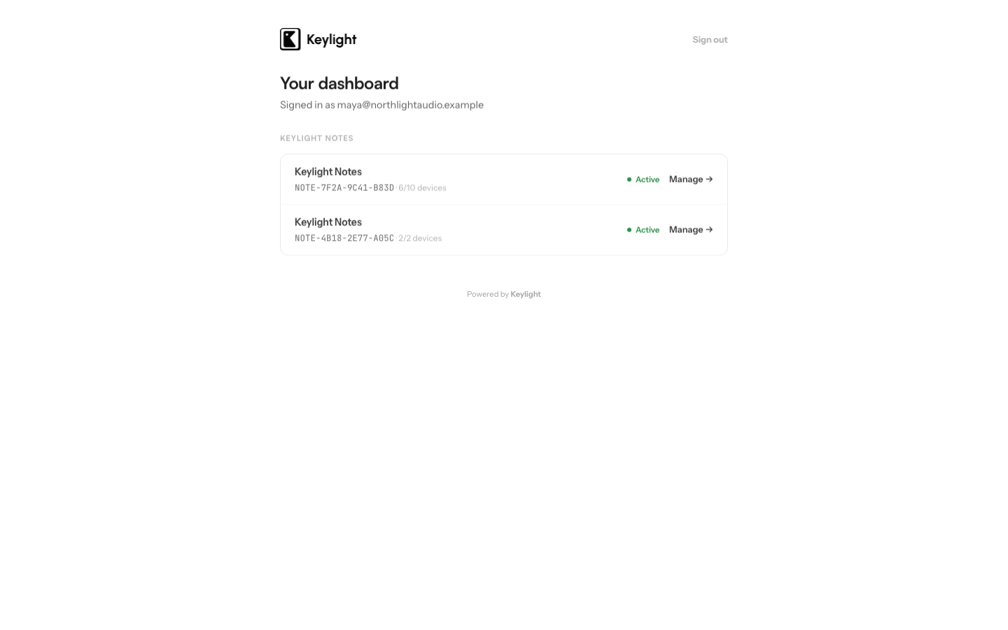 The customer’s own Keylight portal: their licenses for one vendor, each showing devices used and a link to manage it.