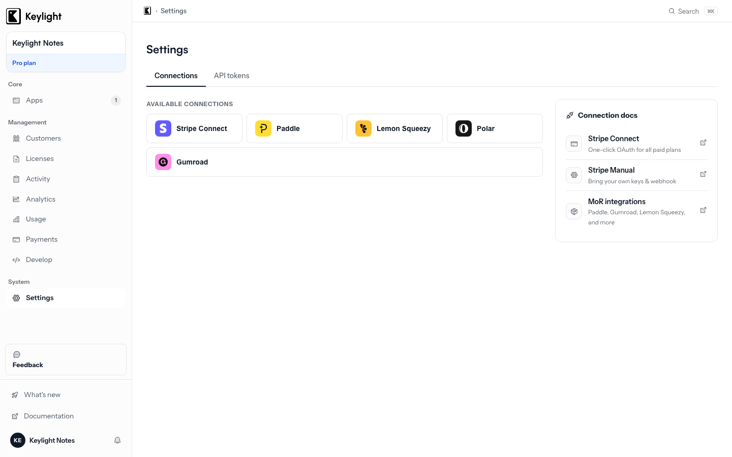 Keylight connection settings with Stripe Connect alongside the other providers, and docs for one-click OAuth and bring-your-own-keys setup.
