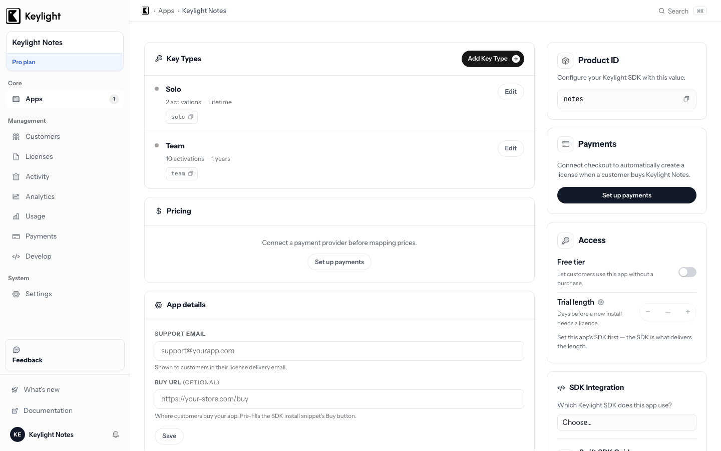 The Keylight key types screen for an app, where trial length, free tier and device limits are configured per key type.