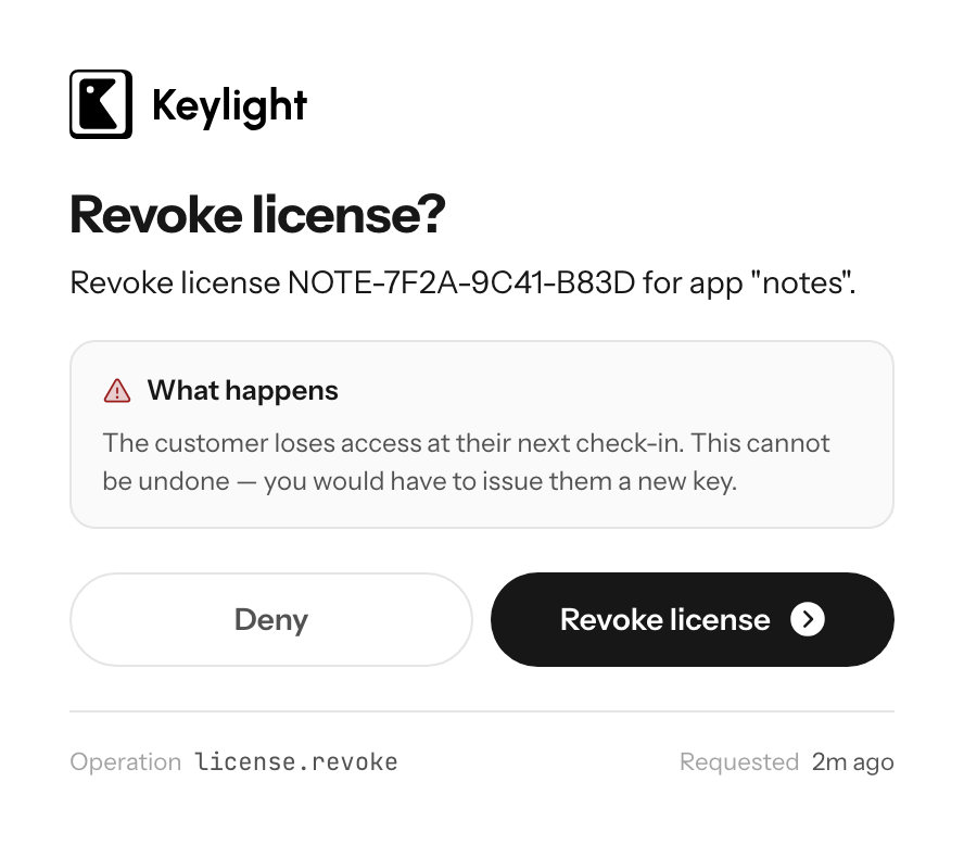 The browser approval page for a revoke requested from the CLI
